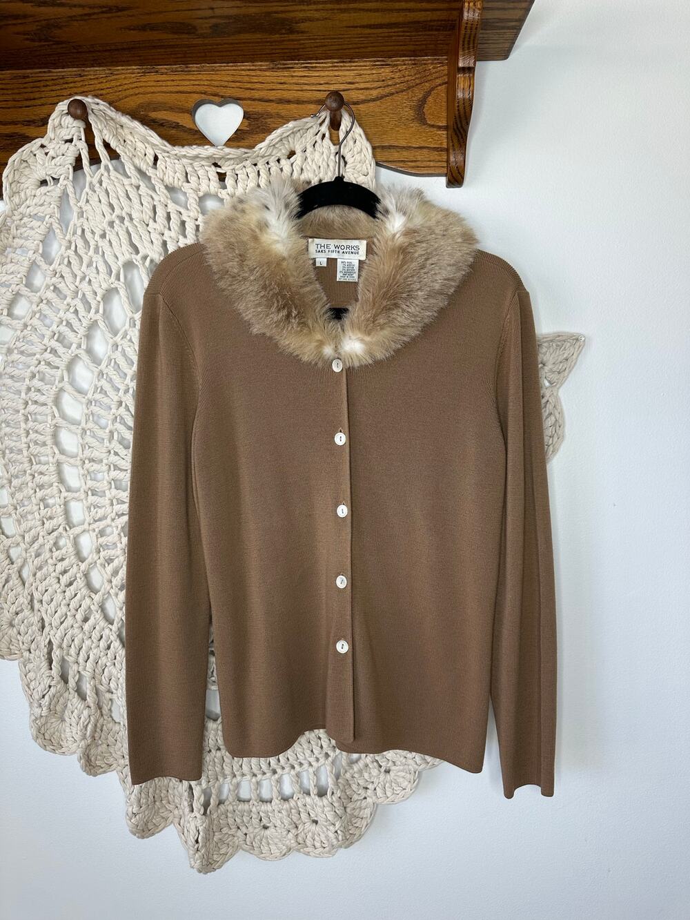 The Works Saks Fifth Avenue Vintage Faux Fur Collar Wool Cardigan Sweater Large